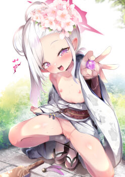 1girl :d absurdres blue_archive blush cleft_of_venus commentary_request female_focus flat_chest flower full_body hair_flower hair_ornament halo heart highres japanese_clothes kimono loli long_hair looking_at_viewer mentei_yakuna mutsuki_(blue_archive) nipples okobo open_mouth outdoors paddle pink_flower platform_sandals purple_eyes pussy pussy_juice sandals sash sex_toy smile solo squatting uncensored white_hair white_kimono