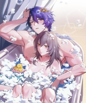 1boy 1girl bathtub bite_mark_on_chest closed_mouth commentary_request completely_nude convenient_censoring djinchnizhnsh1 dr._ratio_(honkai:_star_rail) facing_viewer from_above grey_hair hair_between_eyes hair_ornament hand_on_another's_arm hand_on_own_head hetero highres holding honkai:_star_rail honkai_(series) knees_up long_hair looking_at_another looking_at_object mixed-sex_bathing nipples nude open_mouth partially_submerged purple_hair red_eyes rubber_duck shared_bathing short_hair sitting smile soap_bubbles soap_censor stelle_(honkai:_star_rail) toned toned_male trailblazer_(honkai:_star_rail) water yellow_eyes