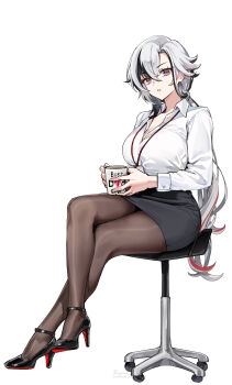 1girl alternate_costume arlecchino_(genshin_impact) black_hair black_shoes black_skirt breasts brown_pantyhose cleavage coffee_mug collared_shirt colored_shoe_soles commentary contemporary crossed_legs cup english_commentary foxyreine full_body genshin_impact grey_hair hair_between_eyes high_heels highres holding holding_cup lanyard large_breasts long_hair long_sleeves looking_at_viewer mug multicolored_hair office_lady on_stool pantyhose partially_unbuttoned pencil_skirt ponytail pumps red_eyes red_hair shirt shoes simple_background sitting skirt solo speech_bubble textless_version white_background white_shirt