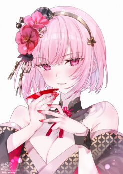 1girl bare_shoulders black_kimono blunt_bangs breasts cleavage commentary cup flower hair_flower hair_ornament hands_up highres holding holding_cup hololive hololive_english japanese_clothes kamiya_maneki kimono large_breasts looking_at_viewer mori_calliope mori_calliope_(new_year) nail_polish off_shoulder official_alternate_costume official_alternate_hair_length official_alternate_hairstyle parted_lips pink_eyes pink_hair red_nails sakazuki short_hair simple_background solo symbol-only_commentary upper_body virtual_youtuber white_background