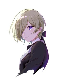 Rule 34 | 1girl, birthday, blonde hair, commentary, earclip, highres, looking at viewer, love live!, love live! nijigasaki high school idol club, mia taylor, purple eyes, setsu (qjsj1993aa), short hair, solo, upper body, white background