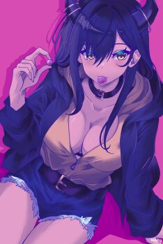 1girl absurdres belt belt_collar black_belt black_collar blue_hair blue_jacket blue_shorts breasts candy cleavage closed_mouth collar colored_eyelashes commentary commentary_request cowboy_shot english_commentary food food_in_mouth hair_between_eyes hand_up highres holding holding_candy holding_food horns jacket kurimako large_breasts long_sleeves looking_at_viewer mixed-language_commentary mouth_hold original parted_bangs pink_background shirt shirt_tucked_in short_shorts shorts simple_background sitting solo yellow_eyes yellow_shirt