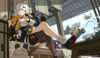 Rule 34 | 1boy, 2girls, absurdres, ahoge, animal ears, bamboo, bangboo (zenless zone zero), bird, black gloves, black thighhighs, blonde hair, breasts, bupa chila, cloud, cloudy sky, crossed legs, cup, fingerless gloves, gloves, hair ornament, heart, high-waist shorts, highres, holding, holding cup, jacket, ju fufu, multiple girls, pan yinhu, panda boy, shirt, shorts, single thighhigh, sitting, sky, table, tail, thigh strap, thighhighs, tiger ears, tiger girl, tiger tail, watermark, white hair, yellow eyes, yellow jacket, yixuan (zenless zone zero), yunkui summit (zenless zone zero), zenless zone zero