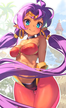 1girl absurdres arabian_clothes bandeau bare_shoulders blue_eyes blush breasts choker closed_mouth collarbone dancer dark-skinned_female dark_skin earrings harem_outfit harem_pants highres hoop_earrings jewelry large_breasts life_is_pi long_hair looking_at_viewer o-ring o-ring_top pants pointy_ears purple_hair red_bandeau shantae shantae_(series) smile solo stomach tiara twintails very_long_hair