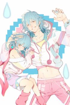 2boys absurdres aged_down bare_shoulders clone collarbone cropped_jacket dramatical_murder grin hair_tie hand_on_another's_head highres holding holding_hair_tie hood hooded_jacket jacket leg_warmers long_sleeves looking_at_viewer midriff miemia multiple_boys pants pink_leg_warmers pink_pants seragaki_aoba shirt shorts smile time_paradox water_drop white_jacket white_shirt yellow_eyes