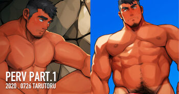 1boy abs armpit_hair armpit_hair_peek bara beard black_hair blush body_hair brown_hair cowboy_shot dark-skinned_male dark_skin facial_hair feet_out_of_frame goatee_stubble huge_eyebrows large_pectorals male_focus male_pubic_hair male_swimwear mature_male multiple_boys muscular muscular_male nipples original pectorals pubic_hair sideburns_stubble sparse_navel_hair speech_bubble split_screen stubble tan tanline tarutoru thought_bubble topless_male undercut