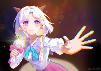 1girl animal_ears aqua_ribbon awsj7858 bow chromatic_aberration holding holding_microphone horns long_sleeves medium_hair microphone neck_ribbon nuan_yangyang pink_bow pleated_skirt purple_eyes purple_skirt ribbon sheep_ears sheep_horns shirt skirt smile solo white_hair white_shirt xiyangyang_yu_huitailang