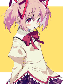 1girl akayama_yukihe black_skirt blush_stickers bow bowtie commentary cowboy_shot food food_in_mouth hair_between_eyes hair_ribbon highres juliet_sleeves kaname_madoka long_sleeves looking_at_viewer mahou_shoujo_madoka_magica mahou_shoujo_madoka_magica_(anime) medium_hair mitakihara_school_uniform pink_hair plaid_clothes plaid_skirt pocky pocky_day pocky_in_mouth puffy_sleeves red_bow red_bowtie red_eyes red_ribbon ribbon school_uniform shirt sidelocks simple_background skirt solo twintails yellow_background yellow_shirt