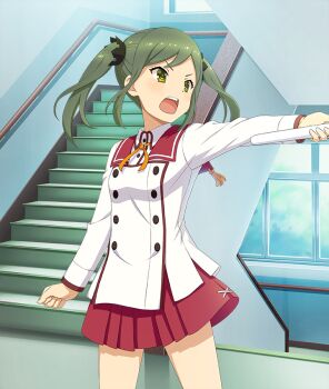 1girl :o breasts buttons clenched_hand cowboy_shot double-breasted game_cg green_eyes green_hair holding indoors legs_apart long_sleeves medium_hair minoseki_academy_school_uniform nagae_futaba official_art open_mouth outstretched_arm red_sailor_collar red_skirt ribbon sailor_collar school_uniform shirt sidelocks skirt small_breasts solo stairs stairwell teeth third-party_source toji_no_miko toji_no_miko:_kizamishi_issen_no_tomoshibi twintails upper_teeth_only white_shirt window yellow_ribbon