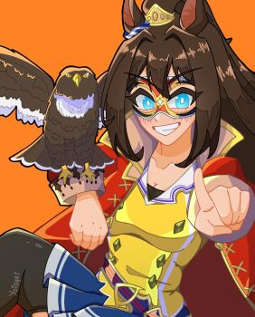 Rule 34 | 1girl, animal ears, animal on arm, bird, bird on arm, black pantyhose, blue eyes, blue skirt, blush, breasts, brown hair, cleavage, collarbone, domino mask, ear ornament, el condor pasa (el numero 1) (umamusume), el condor pasa (umamusume), eye mask, hair between eyes, hawk, highres, horse ears, horse girl, jacket, long hair, long sleeves, looking at viewer, mambo (umamusume), mask, medium breasts, monstrous bird, open clothes, open jacket, open mouth, pantyhose, pleated skirt, pointing, ponytail, red jacket, shirt, skirt, smile, teeth, umamusume, yellow shirt