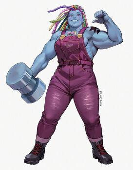 adelheid_(moschiola) alien bismuth bismuth_(steven_universe) breasts colored_skin dreadlocks gem gem_(steven_universe) highres long_hair multicolored_hair muscular muscular_female overalls rainbow_hair sideboob smile steven_universe tomboy