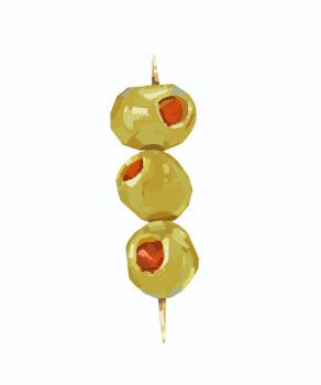 food_focus highres impaled junbuug olive original painterly simple_background skewer stack toothpick white_background