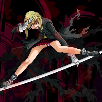 00s 1girl blonde_hair crazy crazy_maka female_focus gloves legs long_legs maka_albarn nike_(0306) panties pantyshot pink_panties plaid_clothes plaid_skirt pleated_skirt red_eyes skirt solo soul_eater stance torn_clothes underwear upskirt