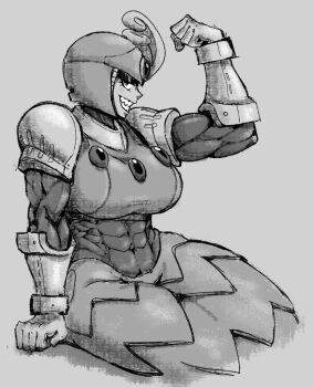 Rule 34 | 1girl, android, breasts, commentary, english commentary, flexing pectorals, greyscale, grin, helmet, highres, huge breasts, looking at viewer, mega man (classic), mega man (series), mega man 9, mermaid, monochrome, monster girl, muscular, muscular female, sharp teeth, simple background, sitting, smile, solo, splash woman, submarinechamomile, teeth