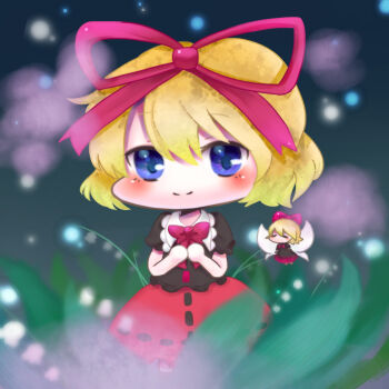 Rule 34 | 1girl, black shirt, blonde hair, blue eyes, blush, bow, chibi, chibi only, closed mouth, commentary request, doll, frilled shirt collar, frills, full body, hair bow, hair ribbon, hands up, highres, medicine melancholy, nanai07, red bow, red ribbon, red skirt, ribbon, shirt, short hair, short sleeves, skirt, smile, solo, standing, su-san, touhou