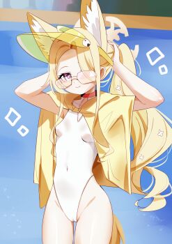 1girl absurdres animal_ear_fluff animal_ears blonde_hair blue_archive breasts clothing_cutout covered_navel cross_halo diamond_cutout fox_ears fox_girl fox_tail halo highleg highleg_one-piece_swimsuit highres jacket jacket_on_shoulders long_hair official_alternate_costume official_alternate_hairstyle one-piece_swimsuit orange-tinted_eyewear orange_eyes seia_(blue_archive) seia_(swimsuit)_(blue_archive) side_ponytail small_breasts smile solo sparkle sunglasses swimsuit tail tinted_eyewear visor_cap white_one-piece_swimsuit yellow_halo yellow_jacket yellow_visor zhang_xiaozhai