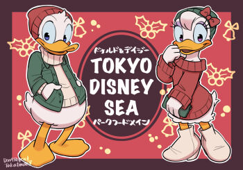 1boy 1girl alternate_costume bow commentary_request daisy_duck disney disneyland donald_duck duck_boy duck_girl duck_tail furry furry_female gamorangetana hat looking_at_viewer mickey_mouse_&amp;_friends open_mouth shirt smile tokyo_disneysea