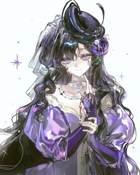 1girl absurdres black_flower black_hair black_hat black_rose chinese_commentary closed_mouth commentary_request dress flower gown hair_flower hair_ornament hands_up hat highres holding_own_wrist isolde_(reverse:1999) jewelry juliet_sleeves long_hair long_sleeves looking_at_viewer necklace puffy_sleeves purple_eyes purple_flower purple_rose reverse:1999 rose see-through_clothes see-through_veil smile solo sparkle upper_body veil weiyan_(nbnbmwnl) white_background