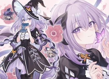 2girls alternate_costume black_capelet black_dress book braid bug butterfly capelet castorice_(honkai:_star_rail) chibi chibi_inset closed_mouth cosplay covering_own_mouth dress flower hair_between_eyes hair_ornament hat herta_(honkai:_star_rail) holding holding_book honkai:_star_rail honkai_(series) insect long_hair looking_at_viewer multiple_girls multiple_views pantyhose purple_eyes purple_hair ribbon smile stelle_(honkai:_star_rail) the_herta_(honkai:_star_rail) the_herta_(honkai:_star_rail)_(cosplay) trailblazer_(honkai:_star_rail) twitter_username very_long_hair witch_hat yashiro_seika