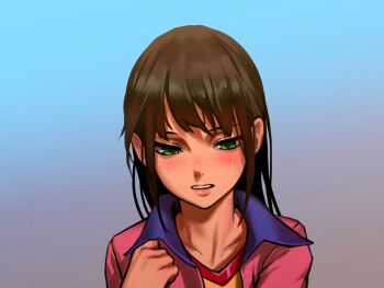 Rule 34 | 1girl, as109, brown hair, collarbone, female focus, gradient background, green eyes, lips, looking down, shoujo to ura roji, solo