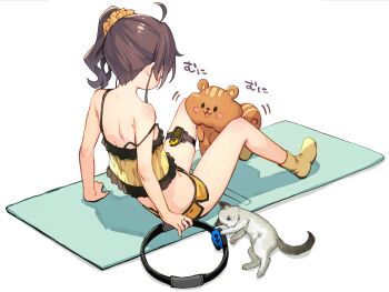 1girl absurdres ahoge ayaoshiro brown_hair camisole cat exercising from_behind highres hololive matsurisu natsuiro_matsuri natsuiro_matsuri_(matsuri's_day_off) navel ring-con scrunchie shiny_skin short_shorts shorts shoulder_blades side_ponytail socks strap_slip virtual_youtuber white_background yoga_mat