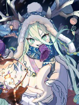 1girl antler_ornament antlers horns_through_headwear beanie bell bird blue_eyes blue_hat blue_scarf breasts dress fate/grand_order fate_(series) hair_between_eyes hat highres holding holding_lantern horns lantern long_hair long_sidelocks long_sleeves looking_at_viewer louhi_(fate) louhi_(second_ascension)_(fate) mitten_in_mouth mittens pointing pointing_at_viewer purple_mittens scarf sharp_teeth sidelocks small_breasts smile solo sweater sweater_dress teeth user_txmv3828 white_sweater winter winter_clothes