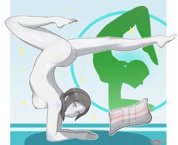 1girl armpits ass back blue_background blush border breasts casual colored_skin feet female_focus flexible grey_eyes grey_hair grey_skin handstand highres legs_behind_head legs_up long_hair mirror nintendo nipples nude nudist pale_skin ponytail sarukaiwolf scorpion_pose small_breasts smile solo spread_legs toes watermark white_border white_skin wii_balance_board wii_fit wii_fit_trainer yoga yoga_mat