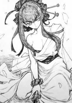 1girl absurdres black_hair breasts chronozbergh cleavage commentary dress greyscale hair_ornament hair_stick highres holding holding_sword holding_weapon kill_la_kill kiryuuin_satsuki kneeling large_breasts long_hair looking_at_viewer monochrome serious sidelocks single_bare_shoulder solo sword weapon