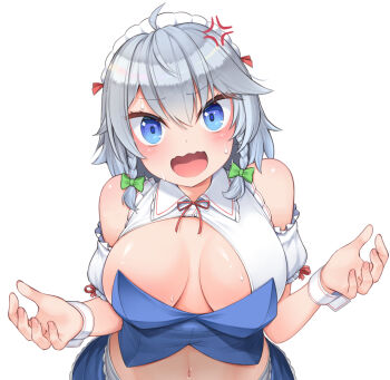 1girl blue_corset blue_eyes blush bow braid breasts cleavage clothing_cutout collared_shirt commentary_request corset green_bow grey_hair hair_bow harunoha highres izayoi_sakuya large_breasts looking_at_viewer maid_headdress medium_hair midriff navel neck_ribbon open_mouth puffy_short_sleeves puffy_sleeves red_ribbon ribbon shirt short_sleeves shoulder_cutout simple_background solo touhou twin_braids upper_body white_background white_shirt wrist_cuffs