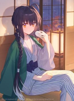Rule 34 | 1other, ahoge, autumn leaves, bath yukata, black hair, braid, commentary request, fate/samurai remnant, fate (series), food, fusuma, hair over shoulder, hanten (clothes), holding, holding food, indoors, japanese clothes, jewelry, kimono, lantern, leaf, long braid, night, orange eyes, paper lantern, ring, sash, shouji, sidelocks, single braid, sitting, sky, sliding doors, solo, star (sky), starry sky, striped clothes, striped kimono, tatami, vertical-striped clothes, vertical-striped kimono, watermark, yamato takeru (fate), you (outtune), yukata