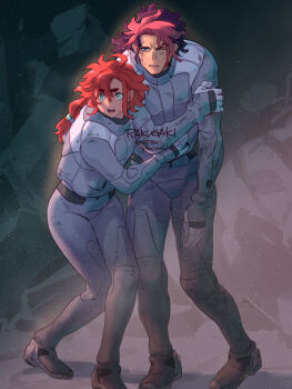 1boy 1girl ahoge aqua_eyes black_hair breasts clenched_teeth dated dirty dirty_clothes dirty_face full_body furrowed_brow guel_jeturk gundam gundam_suisei_no_majo hair_between_eyes hand_on_another's_stomach hand_on_own_arm injury ivy_hermit mecha_pilot_suit medium_breasts mullet multi-tied_hair multicolored_hair normal_suit_(gundam) one_eye_closed open_mouth parted_bangs parted_lips pink_hair red_hair short_hair_with_long_locks spacesuit suletta_mercury sweat teeth thick_eyebrows two-tone_hair walking