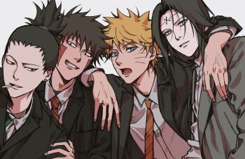 4boys arm_around_shoulder arm_on_another's_shoulder black_hair black_jacket blonde_hair blue_eyes brown_hair cigarette coat collared_shirt commentary curtained_hair earrings facial_mark fingernails green_necktie grey_eyes hand_on_another's_arm highres hyuuga_neji i2d0012 inuzuka_kiba jacket jewelry lapels layered_sleeves long_hair long_sleeves lower_teeth_only male_focus multiple_boys nara_shikamaru naruto_(series) necktie notched_lapels open_mouth parted_hair parted_lips red_necktie shirt short_hair simple_background smoking stud_earrings suit_jacket teeth tongue upper_body uzumaki_naruto whisker_markings white_background white_shirt wing_collar