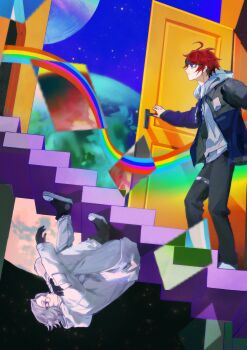 Rule 34 | 2boys, absurdres, ahoge, aotsuki eito, black gloves, black pants, black streaks, blue eyes, blue jacket, door, drawstring, glasses, gloves, grey eyes, grey hair, grey jacket, highres, hood, hoodie, inverted colors, jacket, jacket over hoodie, liminal space, male focus, multicolored hair, multicolored jacket, multiple boys, pants, planet, rainbow, red hair, short hair, sitting, stairs, streaked hair, sumino takumi, the hundred line -last defense academy-, two-tone jacket, upside-down, white hoodie, white jacket, white pants, wushui2333