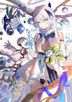 1girl absurdres bare_shoulders black_panties blue_eyes blue_flower blue_ribbon blue_theme breasts cleavage decorations doll_joints dress flower hair_ornament highres holding holding_flower joints large_breasts long_hair neck_ribbon original oriori_0201 panties ribbon robot sleeveless sleeveless_dress snow solo underwear virtual_youtuber white_dress white_flower white_hair