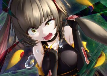 Rule 34 | 1girl, animal ears, bare shoulders, black gloves, black hair, black kimono, blood, braid, braided ponytail, breasts, brown hair, chaos zero nightmare, commentary request, crying, detached sleeves, elbow gloves, fingerless gloves, gloves, highres, japanese clothes, kimono, long hair, long sleeves, multicolored hair, obi, open mouth, sash, sleeveless, sleeveless kimono, solo, torn clothes, veronica (chaos zero nightmare), white muffler, wide sleeves, yellow eyes