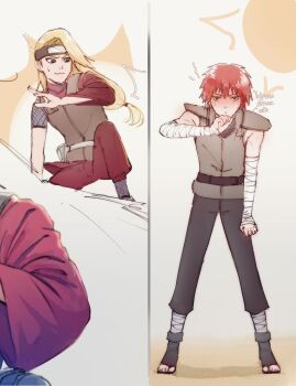 Rule 34 | 2boys, asymmetrical bangs, asymmetrical clothes, bandaged arm, bandaged leg, bandages, belt, blue eyes, blush, commentary, deidara (naruto), extra mouth, eyeliner, fanny pack, fishnet top, fishnets, forehead protector, hair over one eye, highres, hot, kxnitinx, long hair, looking at another, looking at viewer, makeup, multiple boys, naruto (series), naruto shippuuden, red eyes, red hair, sandals, sasori (naruto), short hair, shoulder pads, sketch, sun, sweat, symbol-only commentary, vest