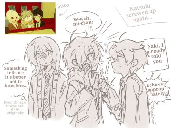 3boys akinashi_haru akinashi_natsuki anger_vein check_copyright commentary copyright_request dress_shirt ear_piercing english_commentary english_text from_side game_screenshot_inset gloom_(expression) highres implied_yaoi jacket male_focus monochrome multiple_boys necktie nervous_sweating piercing profile saihate_eki scarf scarf_pull screenshot_inset shirt squ15 sweat tatsunami_shion upper_body violence vrchat