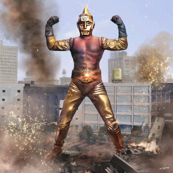 1boy abs alien belt blue_sky boots building cyborg day destruction dias_(tajima_kouki) fire gem gem_on_head giant glint gloves glowing glowing_gem highres horns kaijin looking_at_viewer muscular muscular_male no_humans p-productions pectorals road seijin single_horn sky smoke sparks spectreman spectreman_(character) street superhero_costume water_tower