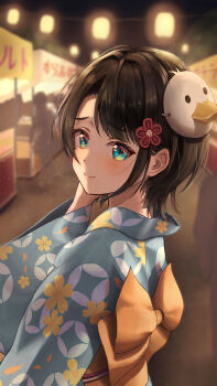 Rule 34 | 1girl, absurdres, aqua eyes, black hair, commentary request, festival, floral print, hair ornament, highres, hololive, japanese clothes, kimono, light blush, long sleeves, looking at viewer, mask, mask on head, oozora subaru, remi (rem67763852), short hair, smile, summer festival, virtual youtuber, yukata