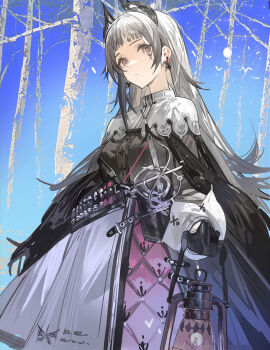 1girl ammunition_belt arknights belt black_dress black_gloves blunt_bangs capelet commentary dress earrings english_commentary expressionless feather_hair feet_out_of_frame gloves grey_eyes grey_hair highres holding holding_lantern irene_(arknights) jewelry lantern long_hair long_sidelocks looking_at_viewer multiple_belts plumw puffy_sleeves rapier scar scar_across_eye scar_on_face sidelocks solo sword two-tone_dress weapon white_capelet white_dress