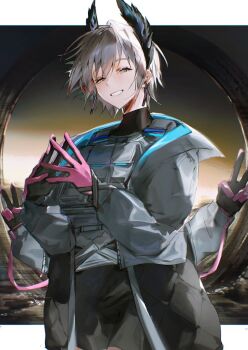 1girl :d arknights black_gloves black_jacket commentary_request commission double_v earrings extra_arms gloves grey_eyes grey_hair grin half-closed_eyes jacket jewelry jpeg_artifacts long_sleeves looking_at_viewer open_clothes open_jacket open_mouth own_hands_together pink_gloves pouch raidian_(arknights) short_hair skeb_commission smile solo steepled_fingers unusually_open_eyes uyuu_(hirameki) v