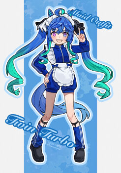 Rule 34 | 1girl, @ @, absurdres, ahoge, alternate costume, animal ears, apron, aqua hair, black shoes, blue background, blue eyes, blue hair, bow, character name, commentary request, crossed bangs, dated, hair bow, hand on own hip, hand up, heterochromia, highres, horse ears, horse girl, horse tail, jersey maid, leg warmers, long hair, long sleeves, looking at viewer, maid, maid headdress, multicolored hair, open mouth, outline, purple eyes, saramiao-chan, sharp teeth, shoes, sidelocks, solo, standing, striped bow, tail, teeth, twin turbo (umamusume), twintails, twitter username, two-tone background, two-tone hair, umamusume, unconventional maid, upper teeth only, v, very long hair, white apron, white outline