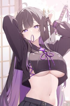 1girl adjusting_hair black_hair black_sailor_collar black_serafuku black_skirt breasts chitose_(stella_sora) colored_inner_hair crop_top crop_top_overhang deyui hashtag-only_commentary highres large_breasts mole mole_under_eye multicolored_hair navel pleated_skirt purple_eyes purple_hair purple_ribbon revision ribbon sailor_collar school_uniform serafuku skirt solo stella_sora stomach underboob