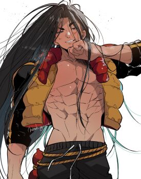 1boy abs absurdres arm_up bare_pectorals belt black_hair black_pants brown_eyes collarbone commentary_request cropped_jacket drawstring gourd groin hair_down highres jacket jamie_siu long_hair looking_at_viewer male_focus mhmk_game multicolored_jacket muscular muscular_male official_alternate_costume pants pectorals rope_belt smirk street_fighter street_fighter_6 twitter_username two-tone_jacket very_long_hair white_background