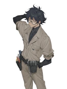 1boy amrkdrw arm_behind_head black_hair closed_mouth cowboy_shot expressionless glasses hair_between_eyes hand_in_pocket highres looking_at_viewer male_focus messy_hair original simple_background solo standing tools white_background yellow_eyes