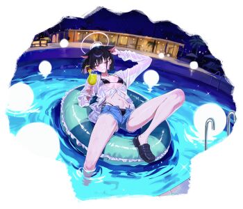 1girl absurdres animal_ears bikini black_bikini black_hair blue_archive crocs cup cutoffs frilled_innertube frills hair_ornament hairclip highres holding holding_cup innertube kazusa_(blue_archive) looking_at_viewer lying night on_back open_clothes open_shirt pool see-through_clothes short_hair signallerc sky solo swim_ring swimsuit
