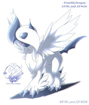 Rule 34 | absol, animal focus, asymmetrical horns, blue horns, body fur, bright pupils, claws, feathered wings, fsd and gf4656, full body, gen 3 pokemon, hair over one eye, highres, horns, looking at viewer, mega absol, mega pokemon, neck fur, nintendo, no humans, one eye covered, pokemon, pokemon (creature), pokemon focus, red eyes, simple background, solo, uneven horns, white fur, white hair, white pupils, white wings, wings