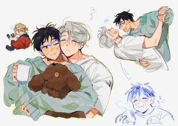 3boys bespectacled black_hair blue-framed_eyewear blush borrowed_accessory borrowed_clothes brown_dog brown_eyes character_request check_character closed_eyes coffee_mug cropped_torso cup dog eating food glasses grey_hair hand_on_another's_back hashtag-only_commentary highres holding holding_food holding_hands hug hug_from_behind joikzo katsuki_yuuri looking_at_another makkachin male_focus mug multiple_boys multiple_views one_eye_closed open_mouth over-rim_eyewear semi-rimless_eyewear shirt short_hair simple_background sleepy sweater translation_request twitter_username viktor_nikiforov white_background white_shirt yaoi yuri!!!_on_ice yuri_plisetsky