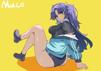 1girl absurdres arm_support bare_legs black_buruma blue_archive blue_eyes blue_hair breasts buruma commentary crossed_legs from_side full_body gym_shirt half_updo highres invisible_floor jacket jacket_partially_removed jersey legs long_hair looking_back looking_to_the_side muco shadow shirt short_sleeves signature sitting solo star_(symbol) star_sticker sticker sticker_on_face track_jacket yellow_background yuuka_(blue_archive) yuuka_(track)_(blue_archive)
