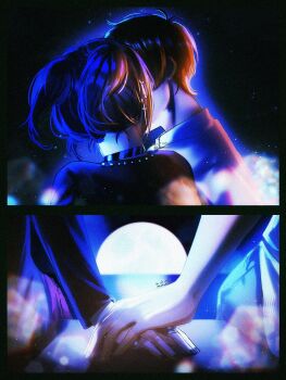 1boy 1girl alternate_universe black_choker black_hair black_nails black_shirt brown_hair choker couple cross cross_earrings earrings eren_yeager full_moon hetero highres holding_hands jewelry kiss mikasa_ackerman moon nail_polish official_alternate_hairstyle shingeki_no_kyojin shirt short_hair short_twintails thatforuko twintails